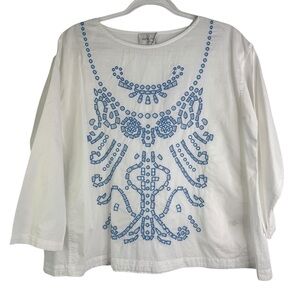 Giada Forte White & Blue‎ Embroidered Cotton Top Relaxed Fit Boxy Oversized 4-6